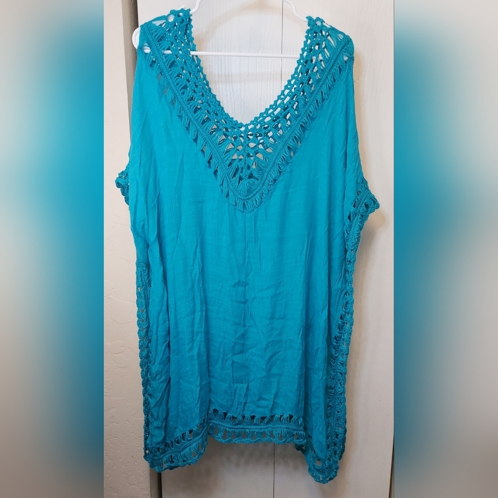 Swimsuit Coverup Batwing Sleeves Crochet Lace Edging Resort Vacay Beach Vacation - Picture 5 of 10